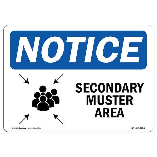 Safety Sign, OSHA Notice, 3.5" Height, Secondary Muster Area Sign With Symbol, Landscape, 10PK